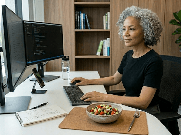 Woman working from home at her desk with a healthy salad bowl beside her laptop