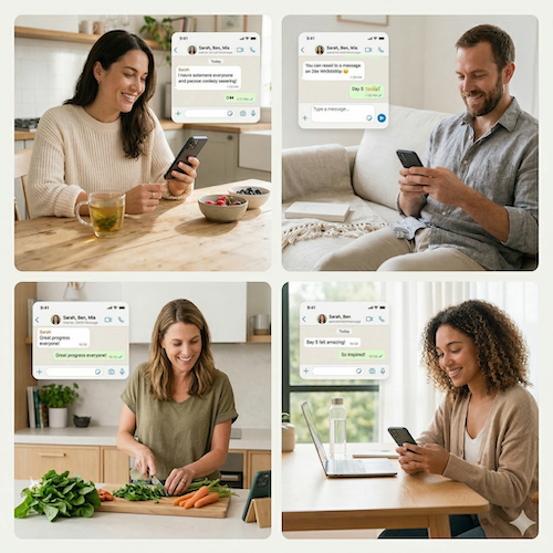 Four people in different settings engaging with the Nutrishift WhatsApp community group on their phones