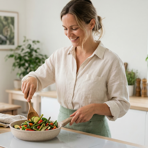 Woman joyfully cooking fresh vegetables in a bright kitchen